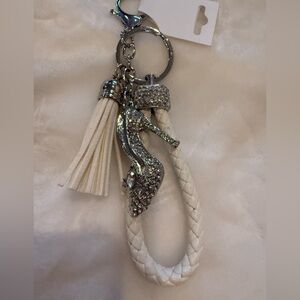 Elegant White Braided Wristlet Keychain 
w/Rhinestone Heel & Tassel -Unique NWT